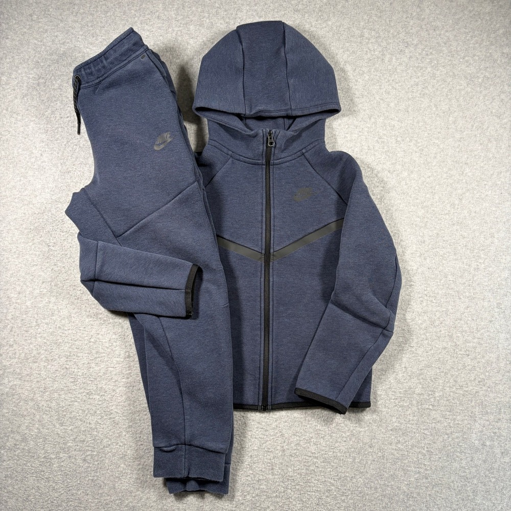 Nike Tech Fleece Hoodie Joggers Set Kids M/L Navy Blue Full Zip Tracksuit